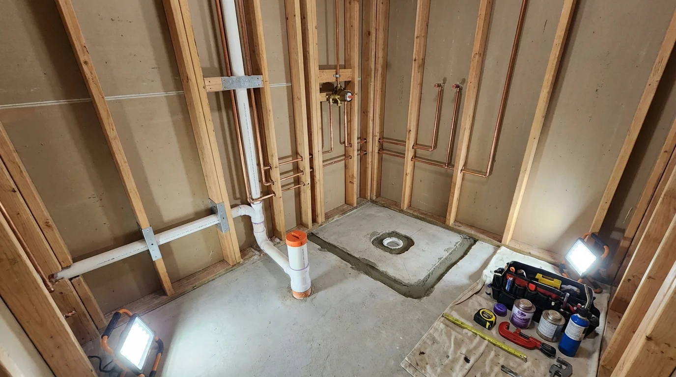 Bathroom rough-in plumbing during remodel by Johns Plumbing LLC in Pittston