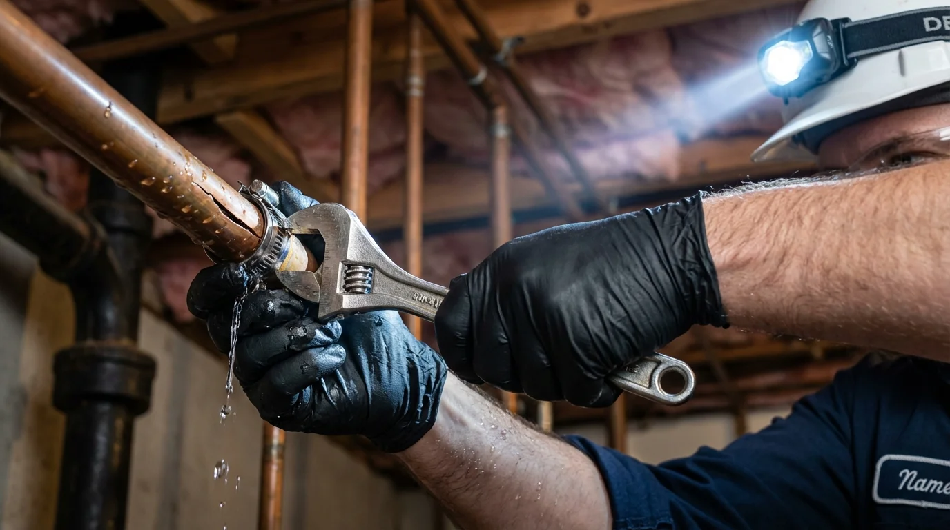 Emergency pipe clamp repair being performed by a Johns Plumbing LLC plumber in Pittston