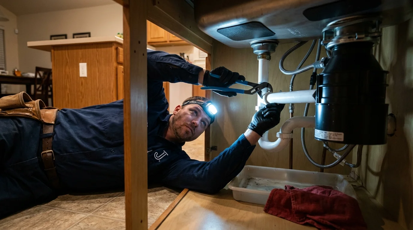 P-trap and supply line connections under a kitchen sink showing a common leak point in Pittston, PA